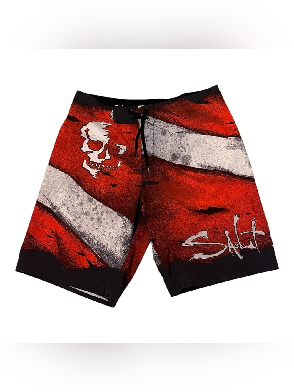 Salt Life Red and White Skull Dive Stripe Boardshorts with Black Waist